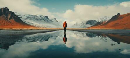 Mens wandelen in water meer berg silhouet, ai foto