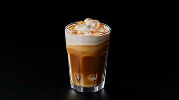 foto van een karamel macchiato drinken geïsoleerd Aan zwart achtergrond. generatief ai