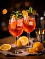 foto van sommige aperol spritz drinken elegant geplateerd Aan een tafel. generatief ai