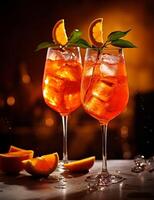 foto van sommige aperol spritz drinken elegant geplateerd Aan een tafel. generatief ai