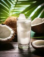 foto van sommige kokosnoot water drinken elegant geplateerd Aan een tafel. generatief ai