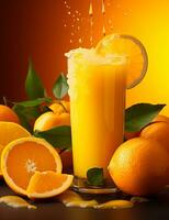foto van sommige vers oranje sap drinken elegant geplateerd Aan een tafel. generatief ai