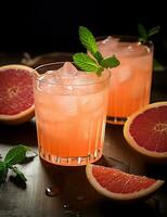 foto van sommige grapefruit spritzer drinken elegant geplateerd Aan een tafel. generatief ai