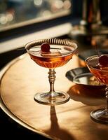 foto van sommige Manhattan drinken elegant geplateerd Aan een tafel. generatief ai