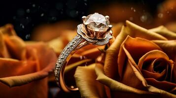 fotograaf een elegant verloving ring met een stralend amber genesteld binnen een bed van rozen. generatief ai foto