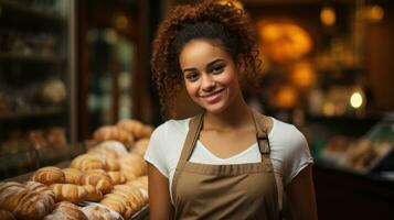 gelukkig vrouw werken in een bakkerij met een oprecht glimlach. generatief ai foto