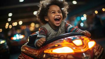 de vreugde van een jong jongen krijgen in een bumper auto. generatief ai foto