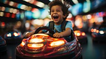 de vreugde van een jong jongen krijgen in een bumper auto. generatief ai foto