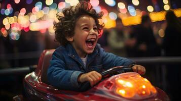 de vreugde van een jong jongen krijgen in een bumper auto. generatief ai foto