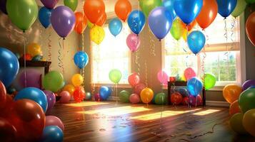 kleurrijk ballonnen sieren de zijden en een verjaardagsthema instelling. generatief ai foto