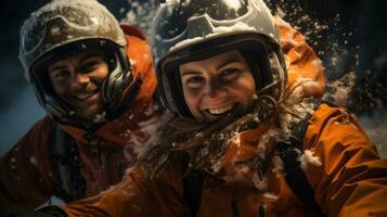 een groep van vrienden gelukkig skiën samen. generatief ai foto