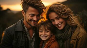 gelukkig glimlacht van een familie Bij zonsondergang in groen natuur. generatief ai foto