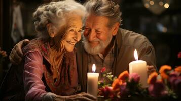 aanbiddelijk ouderen man en vrouw vieren hun verjaardag gelukkig. generatief ai foto