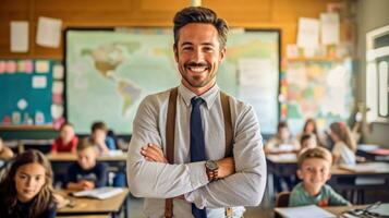 gelukkig mannetje leraar in een elementair school- klas. generatief ai foto