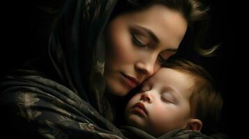 een moeder voorzichtig resting haar kind hoofd Aan haar wang. generatief ai foto