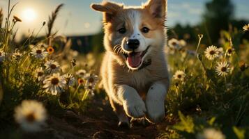 gelukkig en energiek rennen van een puppy in natuur. generatief ai foto