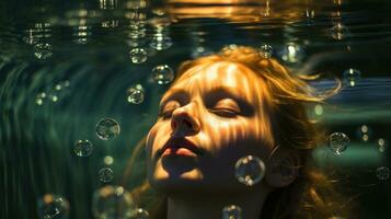 een vrouw zwemmer duiken in de diepten van een zwembad met haar ogen Gesloten. generatief ai foto