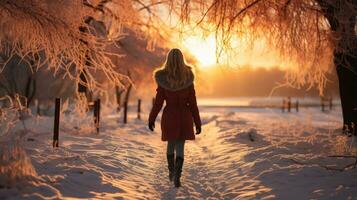 persoon wandelen Aan besneeuwd weg Bij zonsondergang Aan een winter dag. generatief ai foto