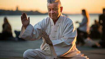 tai chi meester oefenen Aan de strand. generatief ai foto