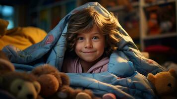 een jongen maken een kasteel uit van dekens in de kinderkamer. generatief ai foto