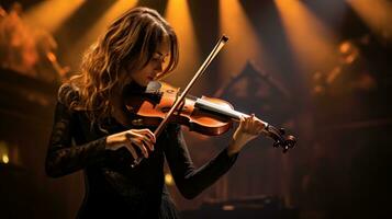 musicus vrouw spelen viool in concert hal. generatief ai foto