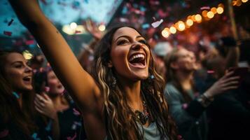 vrienden dansen naar confetti regen Bij buitenshuis festival. generatief ai foto