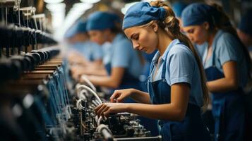 Dames werken het weven machines in een textiel fabriek. generatief ai foto