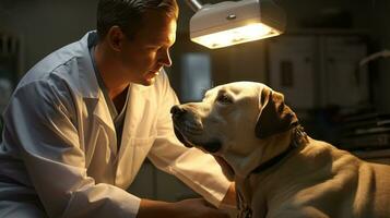 een dierenarts onderzoeken een hond Bij de kliniek. foto