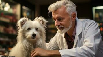 een dierenarts onderzoeken een hond Bij de kliniek. generatief ai foto