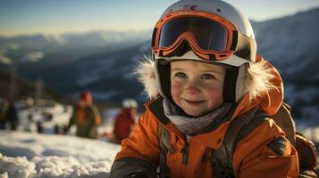 weinig jongen aan het wachten voor skiën Bij de ski toevlucht. generatief ai foto