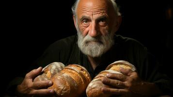 een ouderen bakker is Holding een brood van brood in zijn handen. generatief ai foto