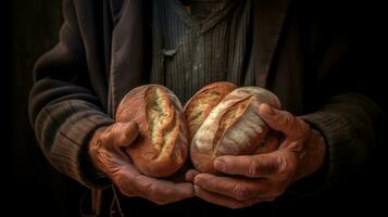 een ouderen bakker is Holding een brood van brood in zijn handen. generatief ai foto