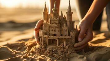 een jongen gebouw een zand kasteel. generatief ai foto