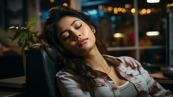 vrouw werknemer moe van werkdruk en vallend in slaap Bij werk. generatief ai foto