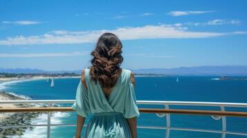 een vrouw met haar terug geconfronteerd de zee visie van de balkon. generatief ai foto