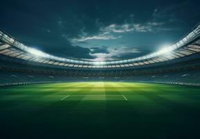 foto van een voetbal stadion Bij nacht met stadion licht. de stadion was gemaakt in 3d zonder gebruik makend van bestaande referenties