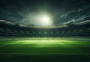 foto van een voetbal stadion Bij nacht met stadion licht. de stadion was gemaakt in 3d zonder gebruik makend van bestaande referenties