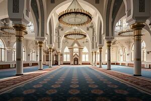 visie van binnen moskee met een groot tapijt ai generatief foto