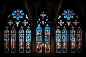 visie van gotisch kathedraal gebrandschilderd glas ai generatief foto
