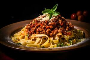 heerlijk pasta met Parmezaanse kaas en bolognese ai generatief foto