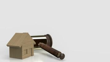de hout huis en hamer voor wet van eigendom of gebouw 3d renderen foto