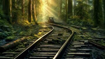 spoorweg in de mistig Woud, wijnoogst stijl, reizen concept foto