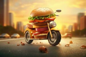 hamburger levering. snel Hamburger auto. cheeseburger net zo snel voedsel auto. Hamburger het rijden Aan de weg. snel voedsel concept foto
