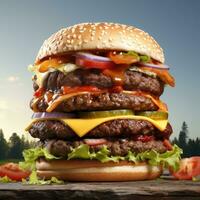 groot smakelijk Hamburger Aan groen gras landschap achtergrond foto