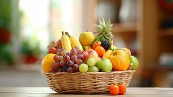 fruit in een mand Aan de tafel, detailopname. foto