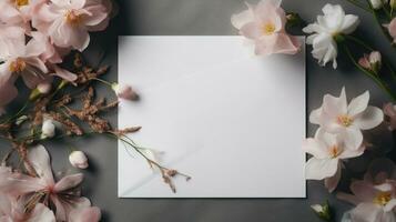 top visie van blanco Wieden kaart mockup met bloemen, Wieden kaart mockup foto