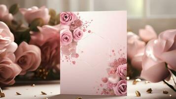 top visie van blanco Wieden kaart mockup met bloemen, Wieden kaart mockup foto