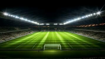 voetbal stadion Bij nacht met helder lichten foto