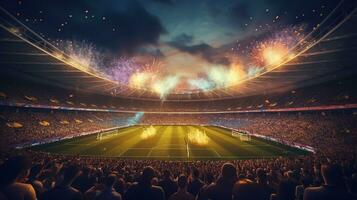 voetbal stadion met fans en vuurwerk Bij nacht foto