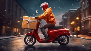 levering Mens Aan scooter met dozen in de stad. levering onderhoud concept. foto